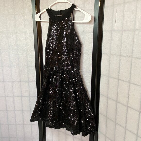 B Darlin Sequin High Neck Halter Open Back Ruffle Hem Mini Dress Black - Picture 3 of 15